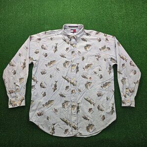 Tommy Hilfiger Shirt Mens Large/XL Blue Button Down Vintage‎ Fish All Over Print
